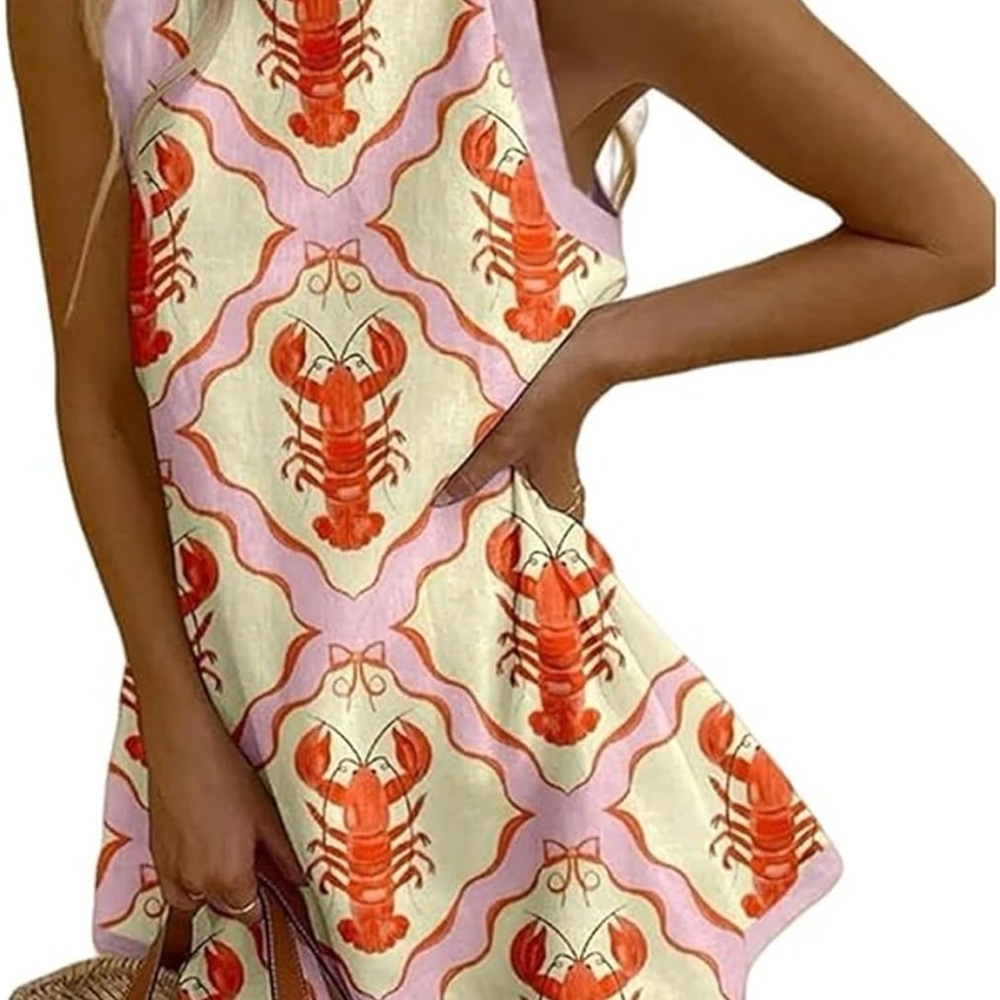 🦞 Lobster Print Mini Dress sundress yellow red pink summer Maine preppy